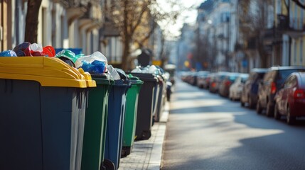 Obraz premium A busy street with separate trash and recycling bins, encouraging city dwellers to sort their waste responsibly