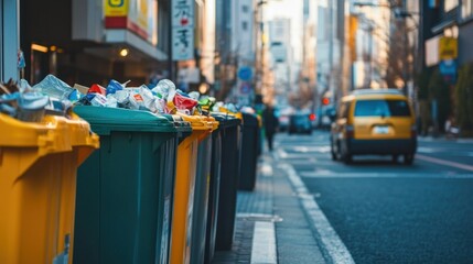 Naklejka premium A busy street with separate trash and recycling bins, encouraging city dwellers to sort their waste responsibly