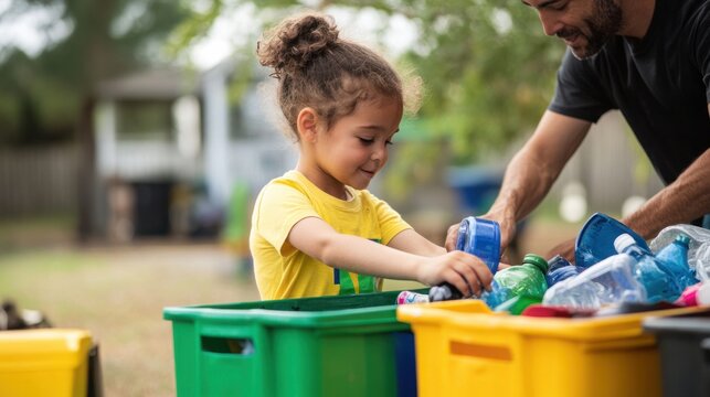 A child helping an adult sort recyclables into bins, with colorful labels for glass, plastic, and paper