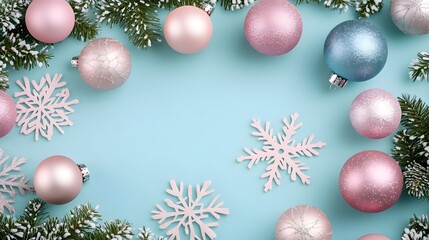 Festive Christmas Ornaments & Snowflakes on Blue Background