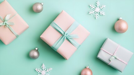 Festive Gift Boxes & Ornaments on Mint Background