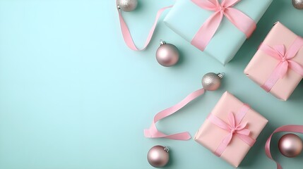 Fototapeta premium Festive Gift Boxes and Ornaments on Pastel Blue Background