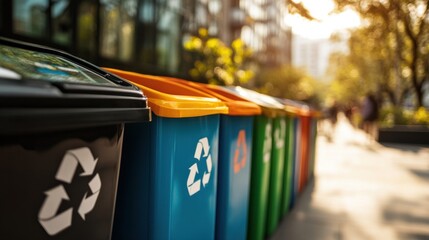 A close-up of a recycling bin with clear labels for paper, plastic, and glass, in a well-maintained public space