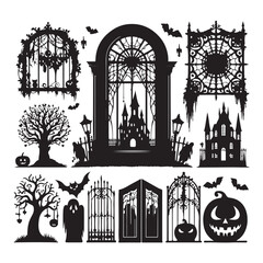 Fototapeta premium Set of Halloween window silhouettes isolated on a white background, Vector illustration.