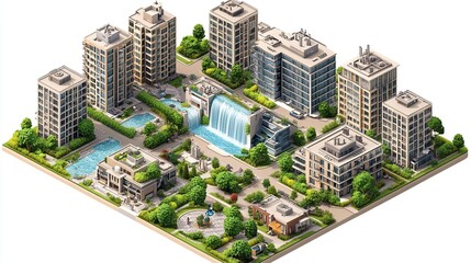 A stylized urban landscape featuring modern buildings, water features, and greenery.