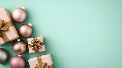 Festive Pink & Gold Christmas Ornaments & Gifts on Mint Background
