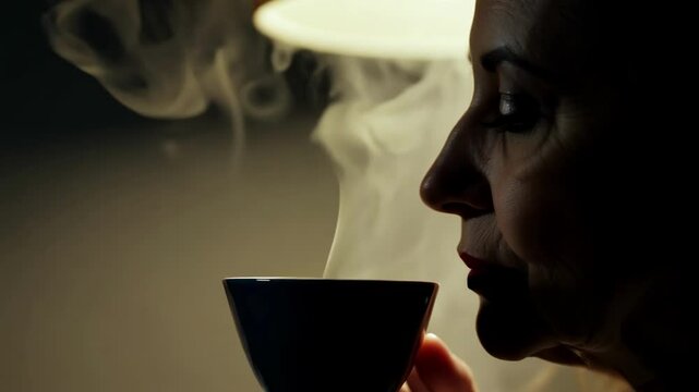 A close-up of a person enjoying a hot beverage, steam rising gently from the cup, capturing the essence of warmth and relaxation. This cozy moment suggests a break or personal time.
