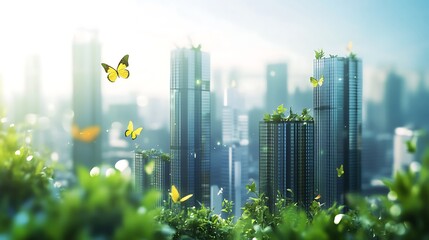 Butterflies flying over a city skyline with green plants in the foreground, representing sustainable urban living
