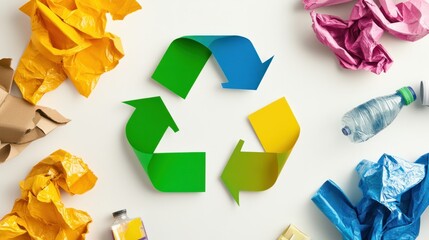 A recycling infographic with colorful arrows illustrating the circular process of reusing materials, set against a light background