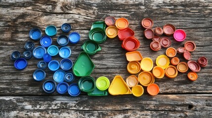 A recycling symbol made out of used plastic bottle caps, forming a colorful and creative design on a wooden table