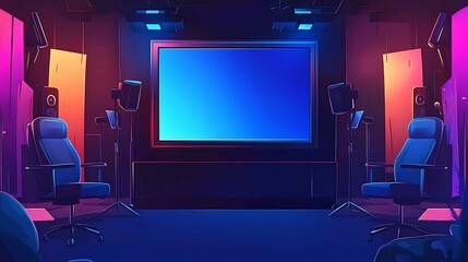 Neon lit home theater room with big screen and gaming chairs, blue and pink light. perfect for video game, streaming, movie and entertainment concept