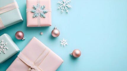 Pastel Christmas Gift Boxes with Snowflakes and Baubles