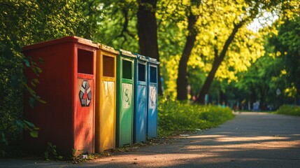 A row of colorful recycling bins for paper, plastic, and metal, standing in a public park with trees in the background