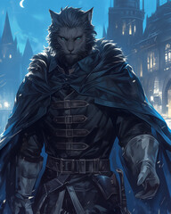 Fototapeta premium majestic cat beastfolk knight standing confidently on a city rooftop at night surrounded by glowing towers and moonlight