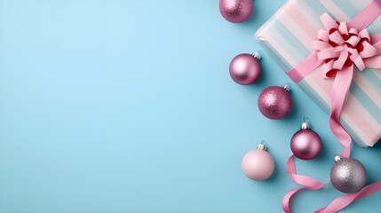 Pastel Pink Christmas Ornaments & Gift Box on Blue Background