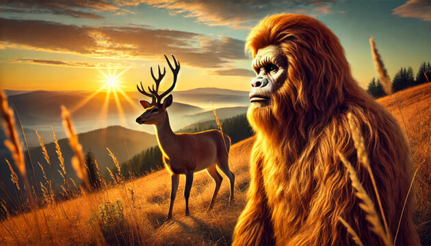 Auburn-Haired Sasquatch and Deer on Hillside at Dawn, Cryptozoology Illustration