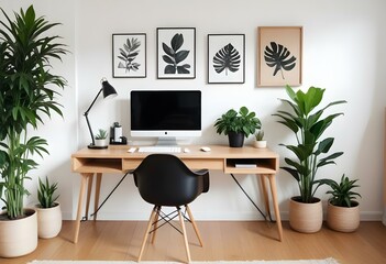 A modern living room with a wooden desk, a black chair