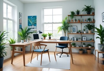 Fototapeta premium A modern living room with a wooden desk, a black chair