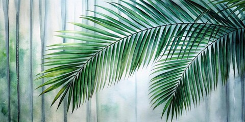 Green palm with reeded glass. White Reeded Glass. Ribbed Background. Plant leaves. Blurred sunny template for tree presentation. Premium spa-inspired texture for zen aesthetic behind frosted panel.