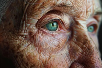 A close-up photorealistic portrait of a person with expressive eyes, their subtle wrinkles and skin texture telling the story of their life experiences