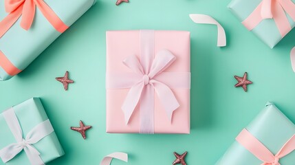Fototapeta premium Pink & Mint Gift Boxes with Starfish - Flat Lay