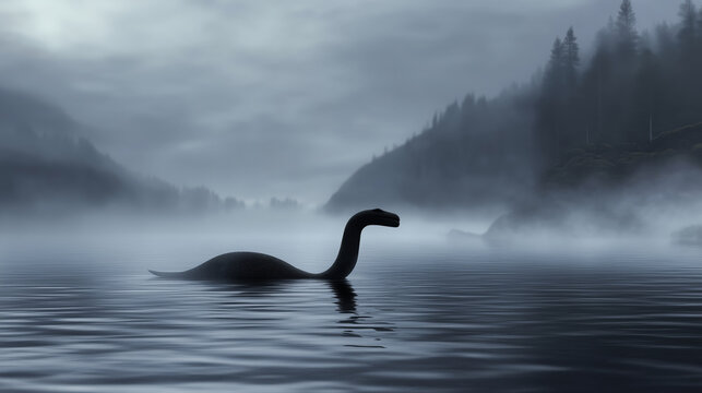 The loch ness monster swimming in the early morning mist