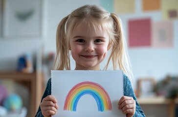 Smiling girl holding a rainbow drawing at home