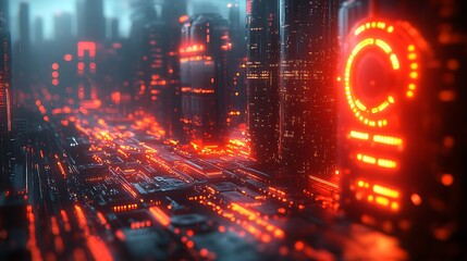 Obraz premium Cyberpunk Cityscape with Red Neon Lights and Futuristic Architecture