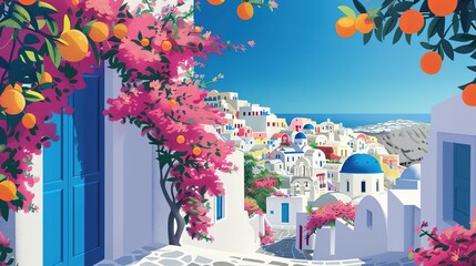 A Colorful View of a Greek Village with Orange Trees