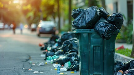 Overflowing Trash Bin on a Street Sidewalk