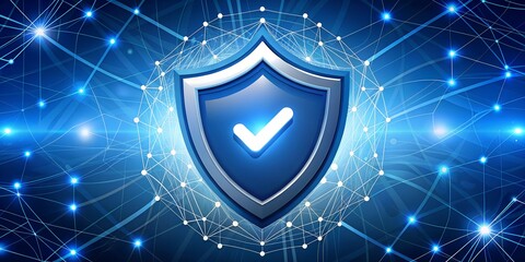 Fototapeta premium Digital shield with a checkmark in the center, cybersecurity assurance, trusted protection, and data security concept. Digital shield featuring a checkmark at the center, symbolizing cybersecurity