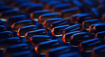 Gel capsules on dark background pharmaceutical gel capsules in focus dietary supplement close-up