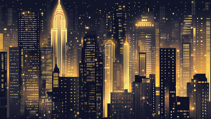 Retro Glamour: Nighttime Art Deco City with Gold and Yellow Accents