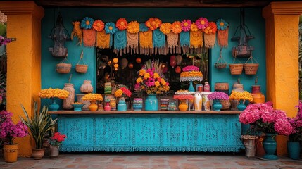 Colorful market display with flowers and pottery in vibrant setting.