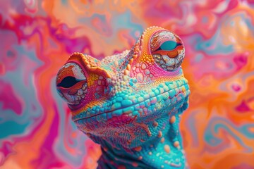Vibrant fusion of pixelated digital patterns enveloping a colorful frog