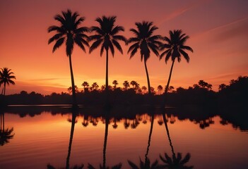 Obraz premium Palm trees reflected in a calm body of water during a colorful sunset
