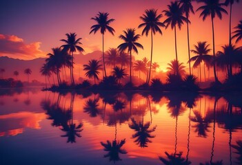 Obraz premium Palm trees reflected in a calm body of water during a colorful sunset