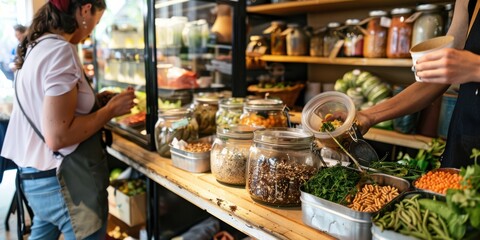 A zero-waste grocery store with customers filling reusable containers with bulk foods