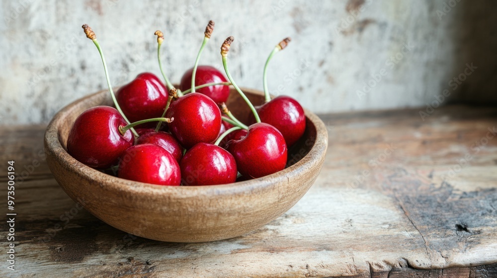 Wall mural A bunch of fresh red cherries with stems, resting in a wooden bowl on a rustic table