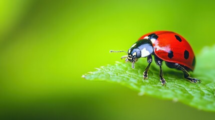 A close-up of a red ladybug on a green leaf, with its tiny legs and delicate wings in sharp focus