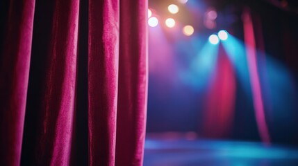 A close-up of a red velvet curtain being pulled back to reveal a stage, with soft lighting in the background