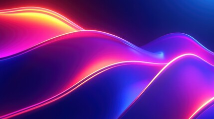 Abstract background of glowing neon light waves in blue, pink and yellow colors.