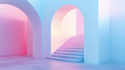 Minimalist interior with pink and blue walls, arched doorways, and stairs.
