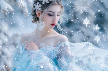 Beautiful blond woman posing in winter wonderland wearing gorgeous blue dress