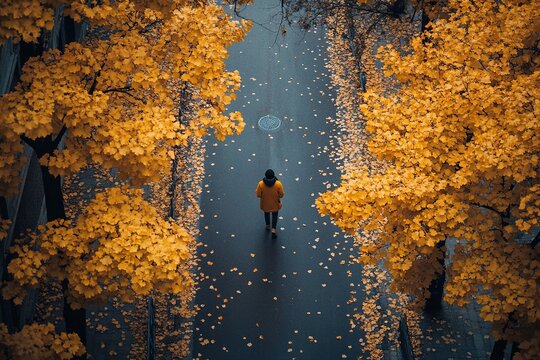 Pedestrian walking on empty street with yellow autumn leaves