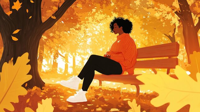 Young woman relaxing on a bench in a beautiful autumn park - Powered by Adobe