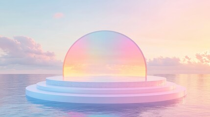 Pastel colored podium in a calm water scene.