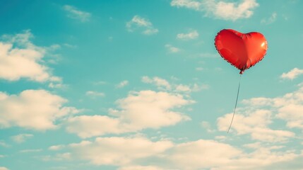 Fototapeta premium A red heart-shaped balloon floating in a bright blue sky, with soft clouds drifting by