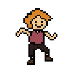 Cute pixel cartoon 8bit character man exercises training dance lifestyle music decoration life style 8 bit male boy dance with music game fitness isolated PNG vector.