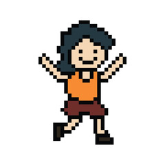 Obraz premium Cute pixel cartoon 8bit character woman lady run or running jog cardio lifestyle for decoration life style 8 bit female jog marathon exercise png vector.
